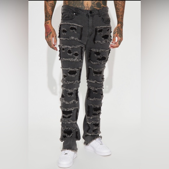 Unique Shredded Stacked Skinny Flaired Jeans - Picture 2 of 3